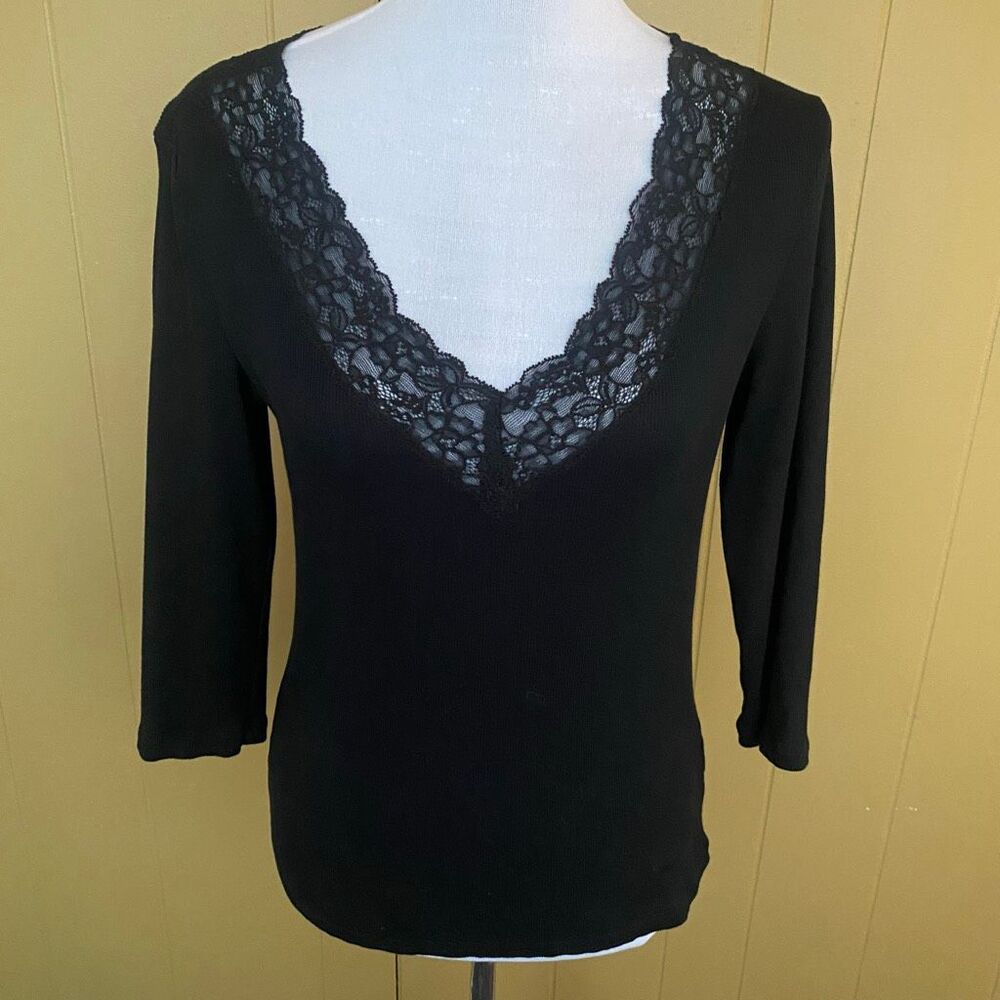 Ralph Lauren woman L preppycore coquette ribbed v-cut w/lace 3/4 sleeve blouse